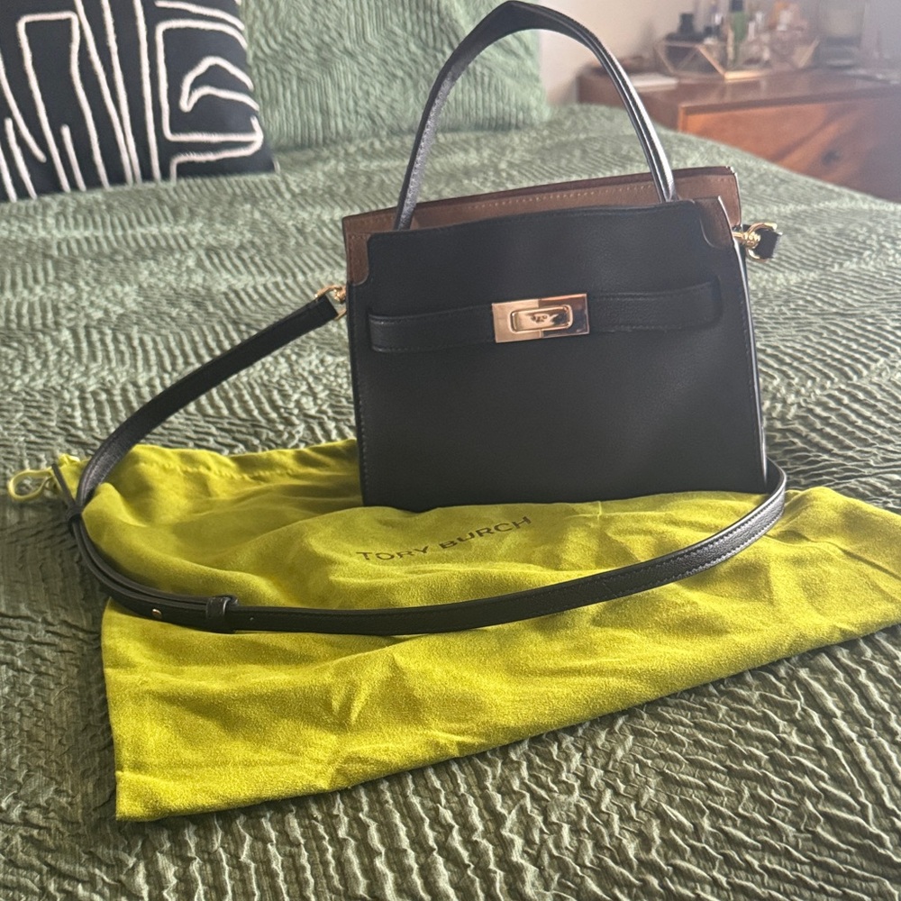 Tory Burch Black Leather Top-Handle Satchel with Gold Hardware